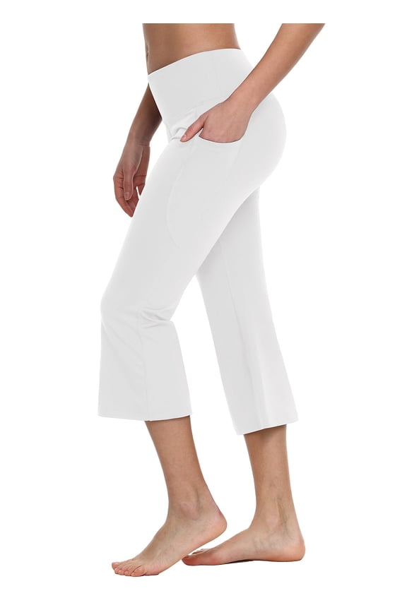 Women Flare Capri Leggings with Pockets Yoga Pants Bootcut Casual Cotton Work Summer Lounge 21" White XL
