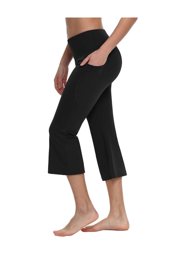 Women Yoga Capris flared Pants with Side Pockets - 21"Black XL