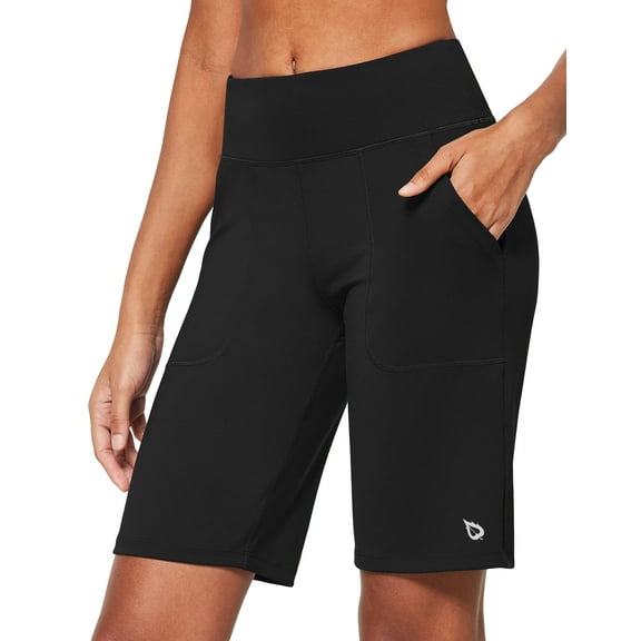 BALEAF Women's 10" Bermuda Long Shorts Running Athletic Shorts High Waisted Casual Summer Knee Length Black Size L