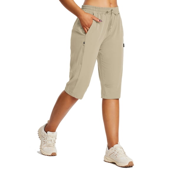 BALEAF Women's 15" Long Shorts Below The Knee Capri Hiking Cargo Shorts Lightweight Quick Dry Elastic Waist for Casual Beige S
