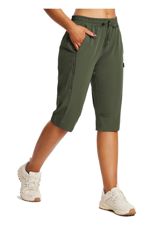 Women's 15" Long Shorts Below The Knee Capri Hiking Cargo Shorts Lightweight Quick Dry Elastic Waist for Casual Green XL