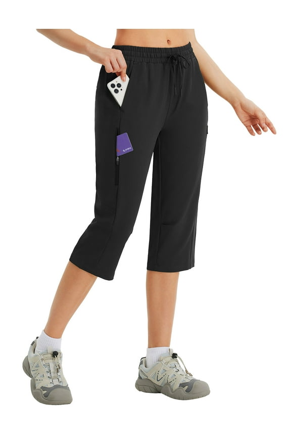 Women's 17" Hiking Shorts Below Knee Bermuda Capri Pants Waterproof Lightweight Pockets Quick Dry Elastic Waist Black 3XL