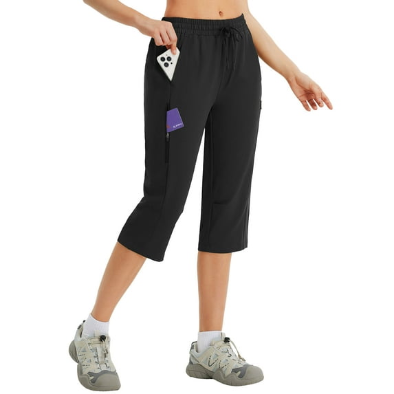 BALEAF Women's 17" Hiking Shorts Below Knee Bermuda Capri Pants Waterproof Lightweight Pockets Quick Dry Elastic Waist Black L