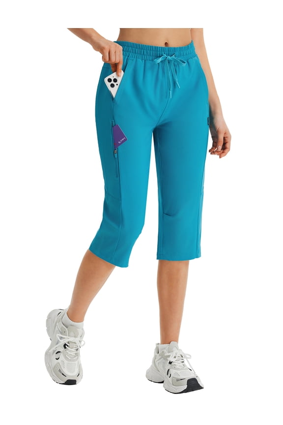 Women's 17" Hiking Shorts Below Knee Bermuda Capri Pants Waterproof Lightweight Pockets Quick Dry Elastic Waist Glacier Blue XL