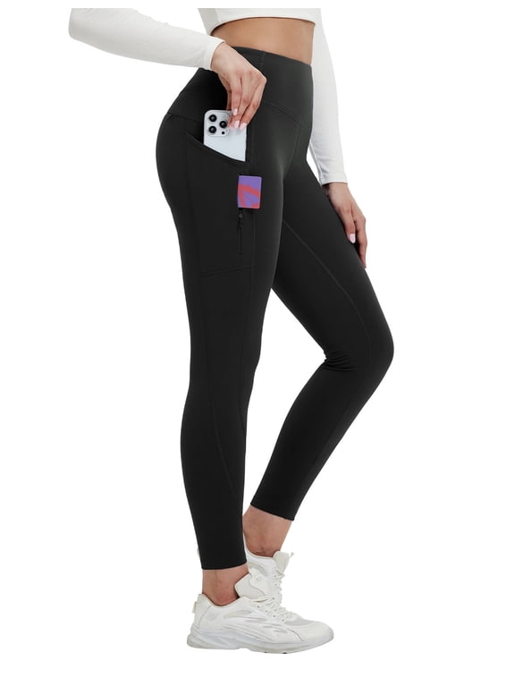 Women's 25" Fleece Lined Petite Leggings with 5 Pockets Thermal Warm Winter Tights Thick Yoga Pants Cold Gear Black L