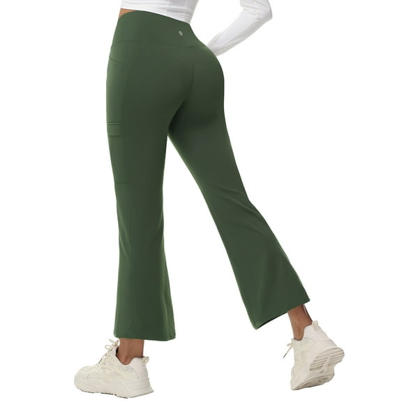 BALEAF Women's 27" Fleece Lined Pants Water Resistant Crossover Flare Leggings Bootcut Hiking Thermal Winter Outdoor Dark Army Green S