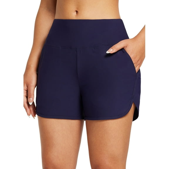 BALEAF Women's 3" High Waisted Swim Shorts Bottoms Tummy Control Quick Dry Swimsuit Board Shorts with Pockets UPF 50 Dark Blue S