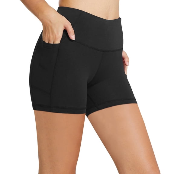 BALEAF Women's 5" Active Wear High Waist Yoga Shorts with Side Pockets Black L
