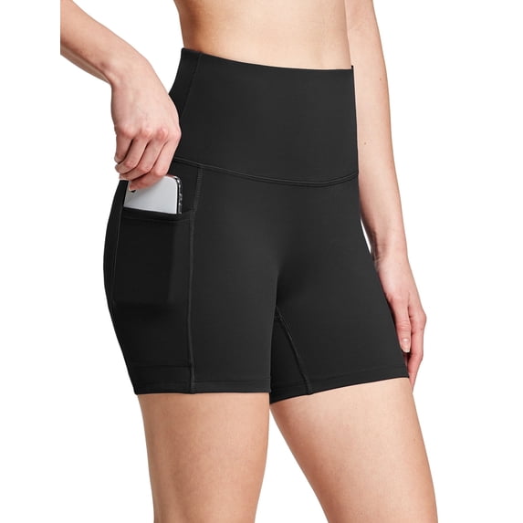 BALEAF Women's 5" Athletic Shorts High Waisted Brushed Side Pockets for Yoga Workout Volleyball Black L