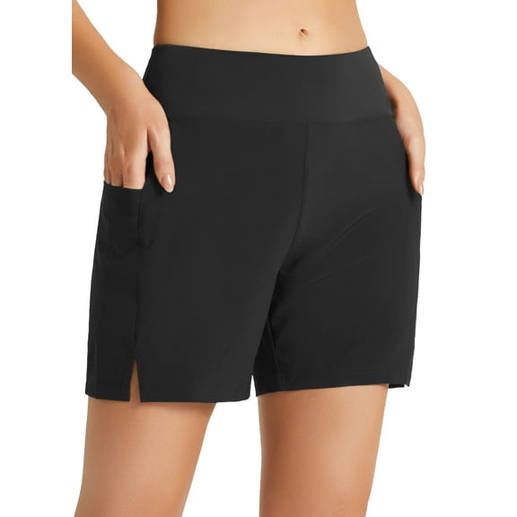 BALEAF Women's 5" Swim Shorts Trunks Quick Dry High Waisted Swimming Board Shorts Tummy Control Swim Bottom with Pockets Black L