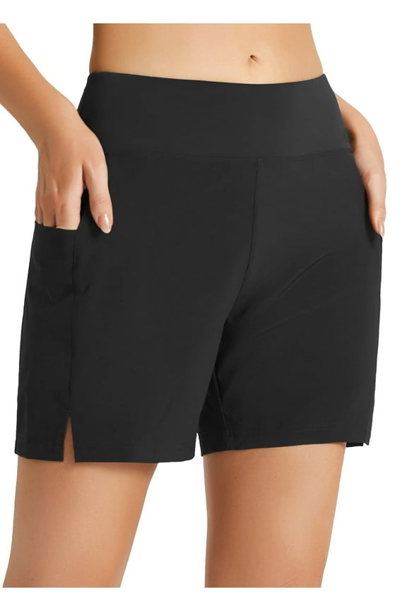 Women's 5" Swim Shorts Trunks Quick Dry High Waisted Swimming Board Shorts Tummy Control Swim Bottom with Pockets Black L