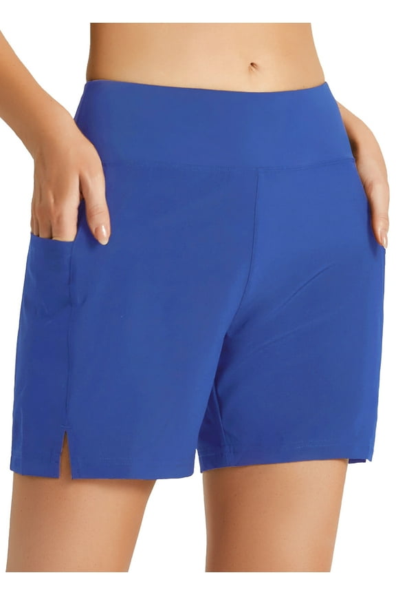 Women's 5" Swim Shorts Trunks Quick Dry High Waisted Swimming Board Shorts Tummy Control Swim Bottom with Pockets Blue L