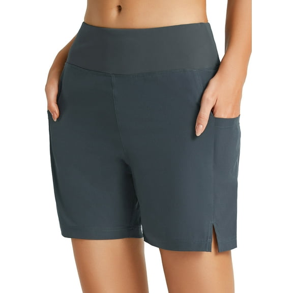 BALEAF Women's 5" Swim Shorts Trunks Quick Dry High Waisted Swimming Board Shorts Tummy Control Swim Bottom with Pockets Dark Grey M