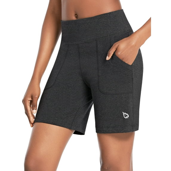 BALEAF Women's 7" Athletic Long Shorts High Waisted Running Bermuda Shorts with Pockets Dark Gray Large