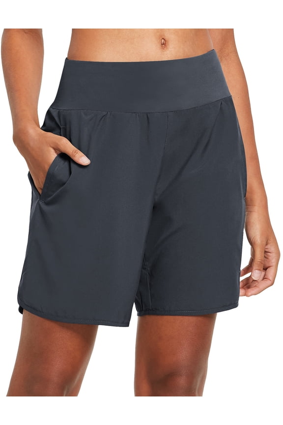 Women's 7 Inches Long Running Short Tummy Control Back Zipper Pocketed Lounge Active Gym Shorts with Liner Grey Size XXL