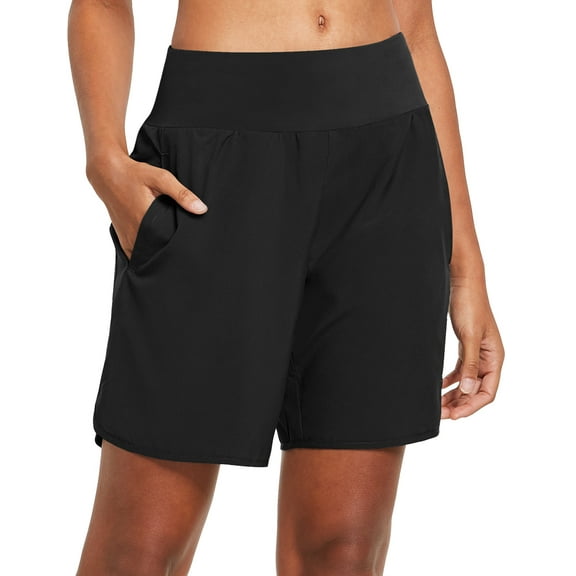 BALEAF Women's 7 Inches Long Running Shorts Back Zipper 4 Pockets Lounge Athletic Gym Shorts with Liner Black Size S