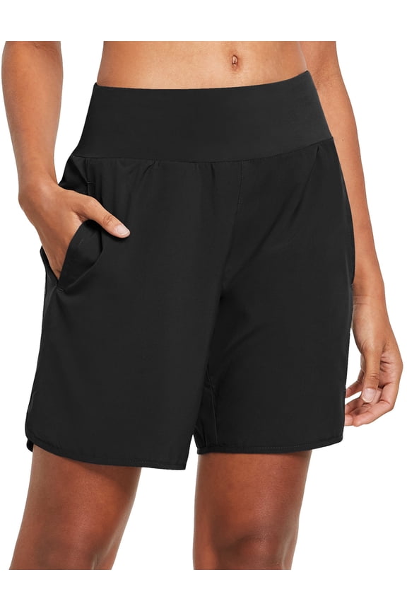 Women's 7 Inches Long Running Shorts Back Zipper 4 Pockets Lounge Athletic Gym Shorts with Liner Black Size XL