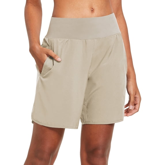 BALEAF Women's 7 Inches Long Running Shorts Back Zipper Pocketed Lounge Athletic Gym Shorts with Liner Beige S