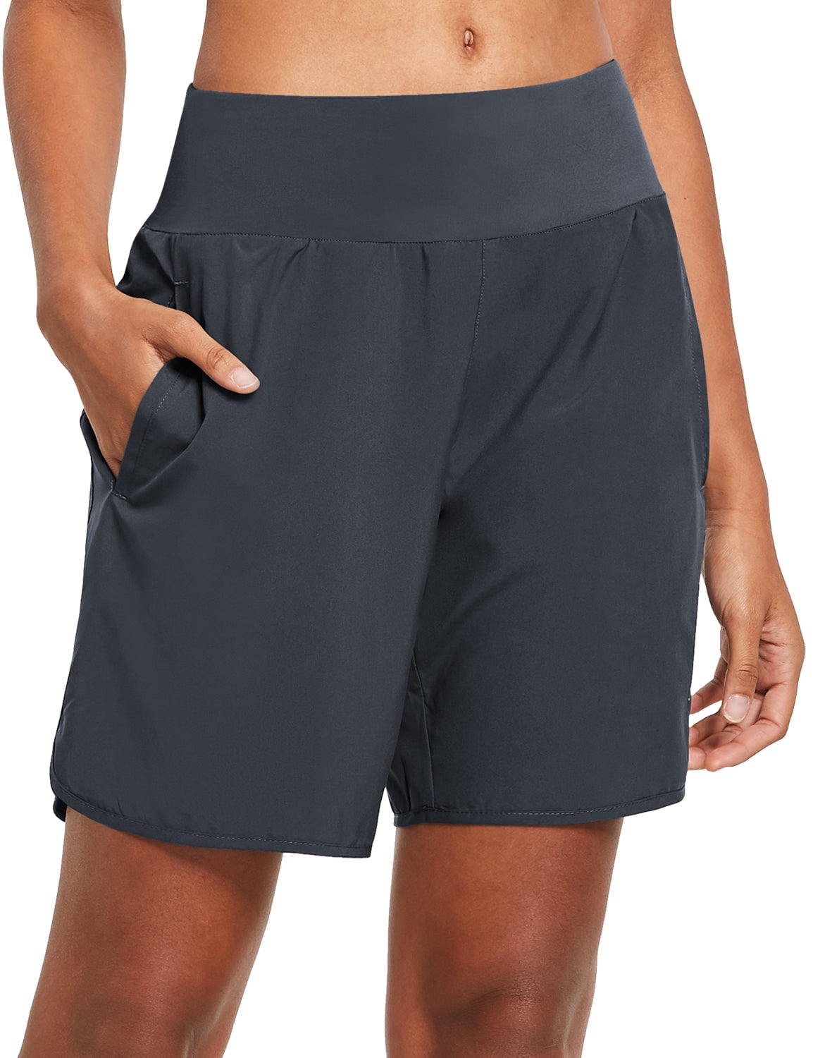 BALEAF Women's 7 Inches Long Running Shorts Back Zipper Pocketed Lounge ...