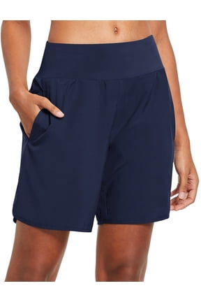 Women's 7 Inches Long Running Shorts Back Zipper Pocketed Lounge Athletic Gym Shorts with Liner Navy Size L