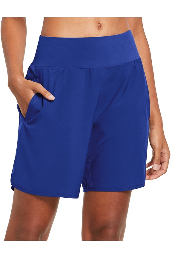 Women's 7 Inches Long Running Shorts Back Zipper Pocketed Lounge Athletic Gym Shorts with Liner Royal Blue Size L