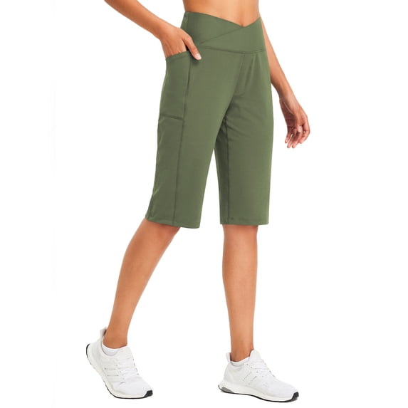 BALEAF Women's Bermuda Long Shorts 14" Knee Length Capri Pants High Waisted Athletic Shorts with Pockets Summer Casual Army Green M