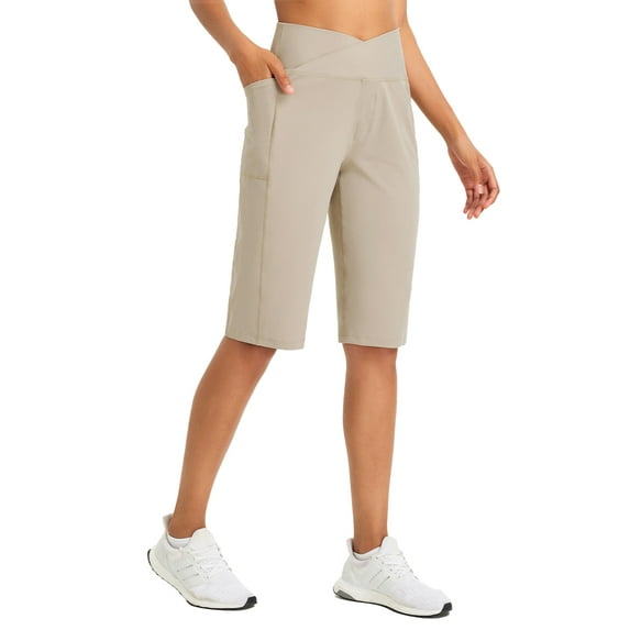 BALEAF Women's Bermuda Long Shorts 14" Knee Length Capri Pants High Waisted Athletic Shorts with Pockets Summer Casual Beige L