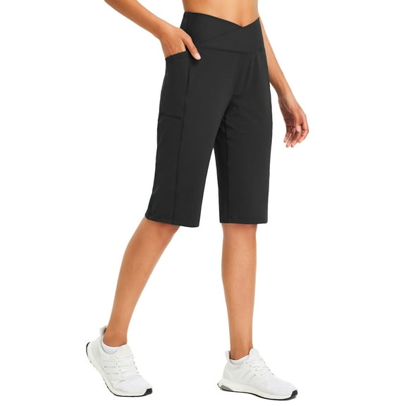 BALEAF Women's Bermuda Long Shorts 14" Knee Length Capri Pants High Waisted Athletic Shorts with Pockets Summer Casual Black L