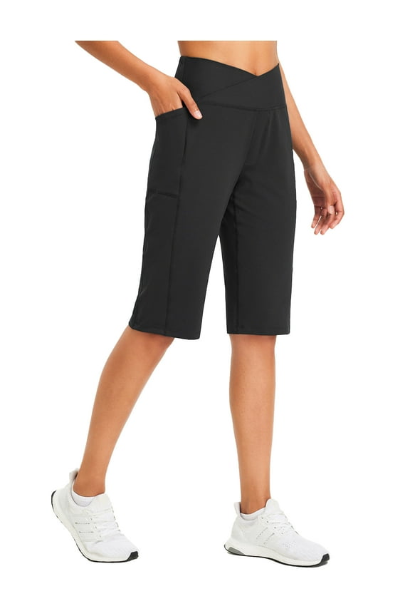 Women's Bermuda Long Shorts 14" Knee Length Capri Pants High Waisted Athletic Shorts with Pockets Summer Casual Black L