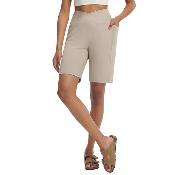 BALEAF Women's Bermuda Long Shorts 9" Above Knee Length Stretch Walking Athletic Dressy Casual Summer Beige S