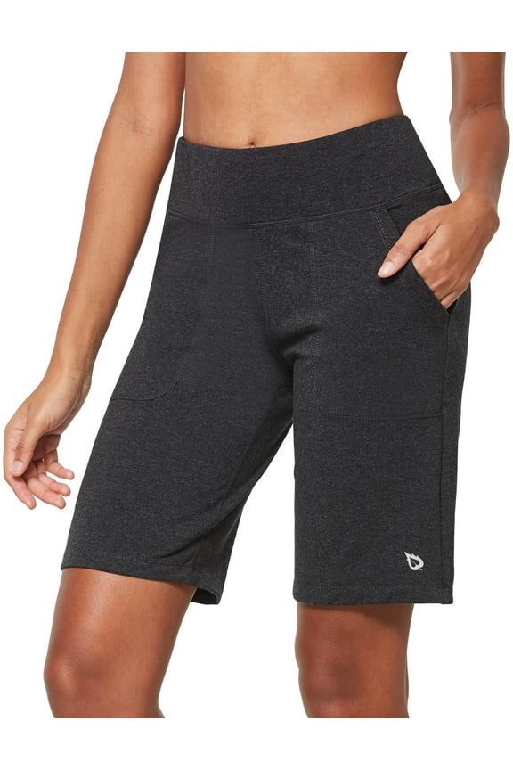 Women's Bermuda Shorts 10" Long Cotton Jersy with Pockets High Waisted Comfy Lounge Shorts Heather Gray Size M