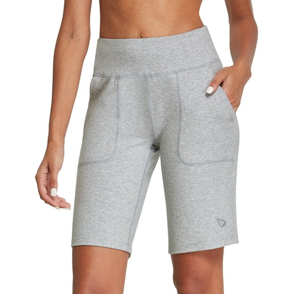 BALEAF Women's Bermuda Shorts 10" Long Cotton Jersy with Pockets High Waisted Comfy Lounge Shorts Light Gray Size XL