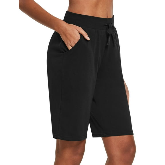 BALEAF Women's Bermuda Shorts Cotton Long Shorts with Pockets Black XS