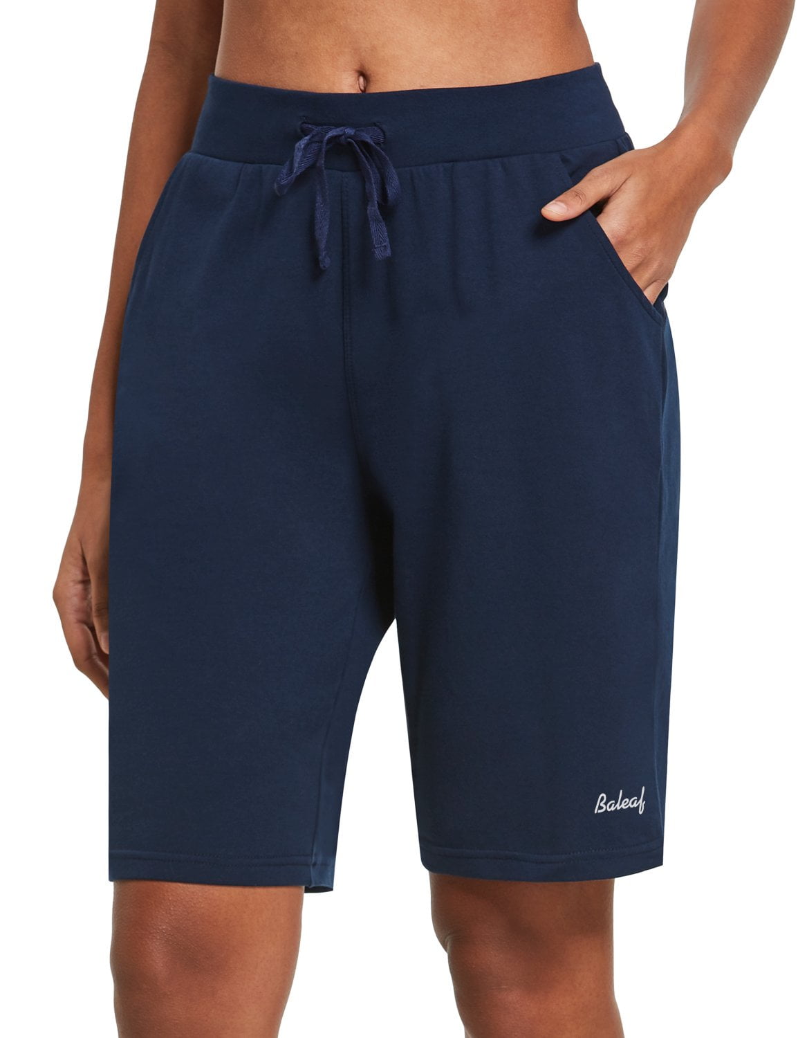 BALEAF Women's Bermuda Shorts Cotton Long Shorts with Pockets Navy Blue ...