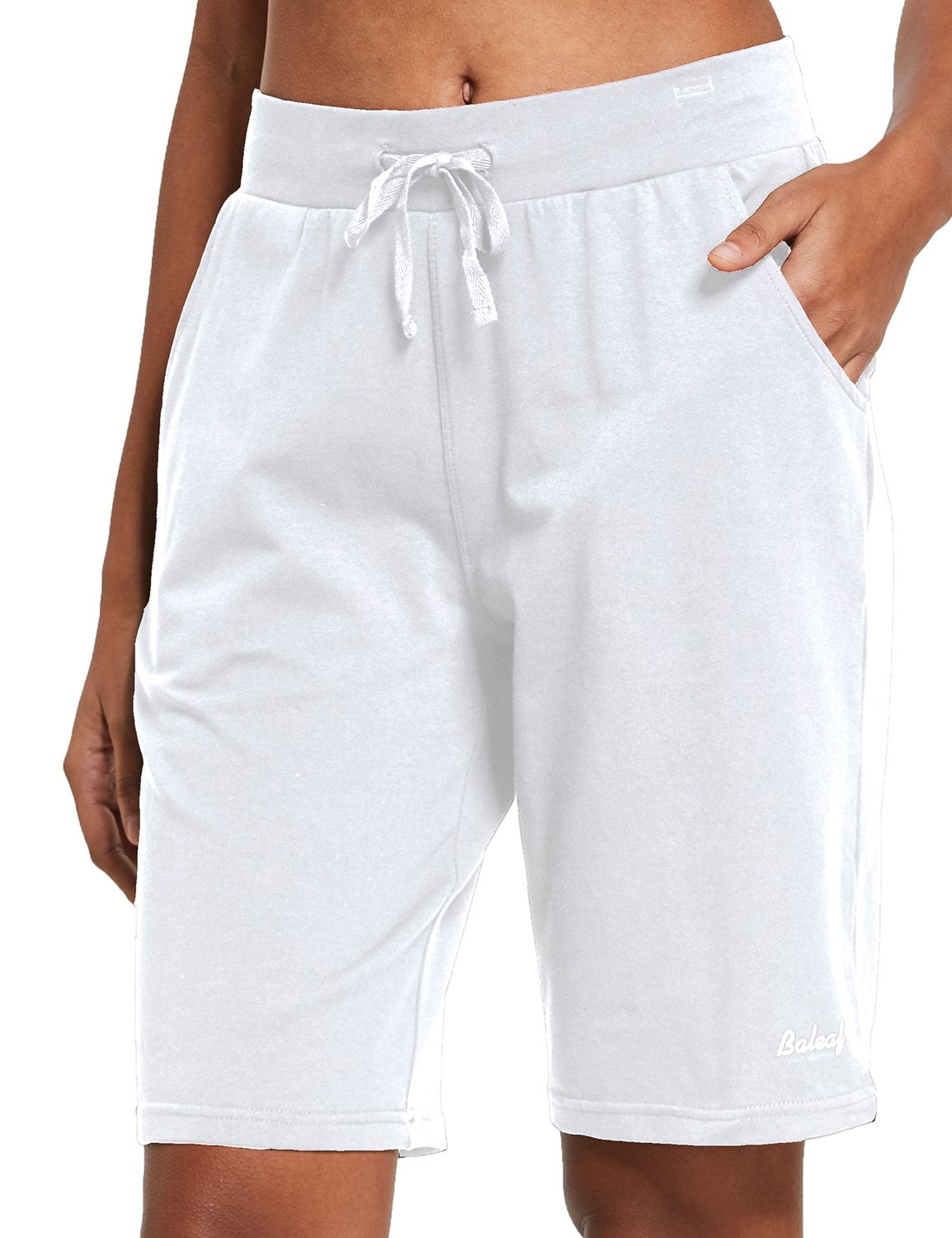 BALEAF Women's Bermuda Shorts Cotton Long Shorts with Pockets White L