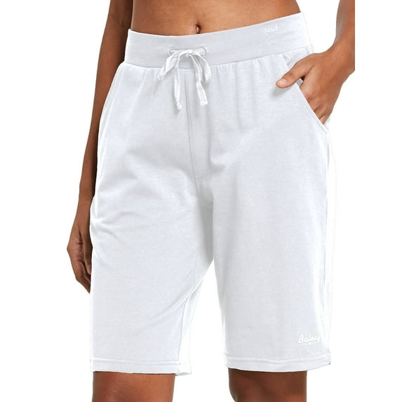 BALEAF Women's Bermuda Shorts Cotton Long Shorts with Pockets White M