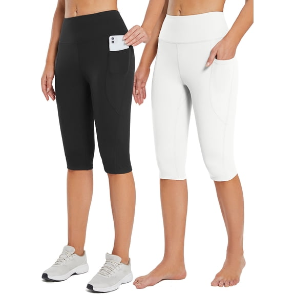 BALEAF Women's Capri Leggings Knee Length High Waisted Plus Size Yoga Casual Workout Exercise Capris with Pockets 2-Pack Black/White L