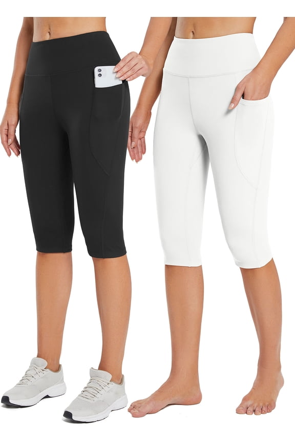 Women's Capri Leggings Knee Length High Waisted Plus Size Yoga Casual Workout Exercise Capris with Pockets 2-Pack Black/White S
