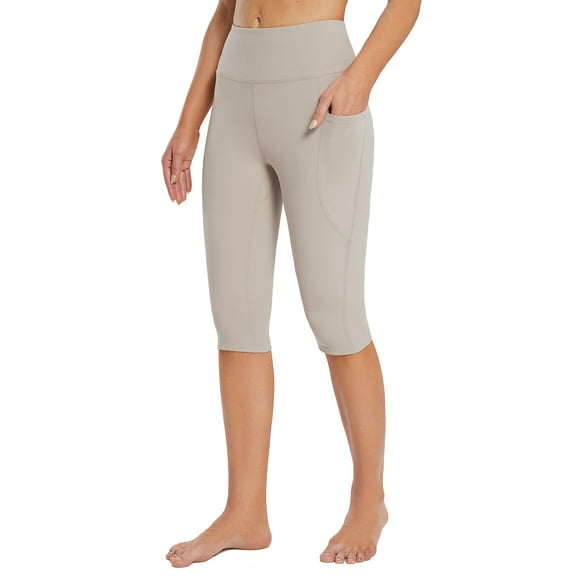 BALEAF Women's Capri Leggings Knee Length High Waisted Plus Size Yoga Casual Workout Exercise Capris with Pockets Beige XL