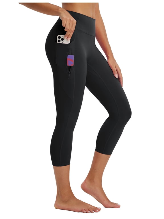 Women's Capri Leggings with 3 Pockets Tummy Control 21" Inseam Workout Capris Yoga Pants Black XL