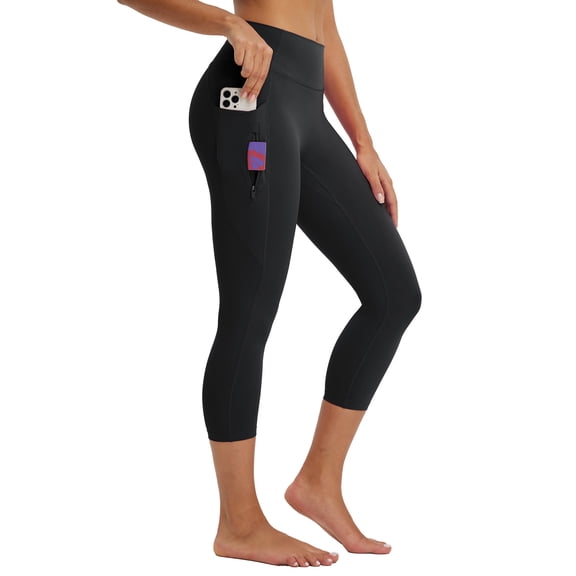 BALEAF Women's Capri Leggings with 3 Pockets Tummy Control 21" Inseam Workout Capris Yoga Pants Black XS