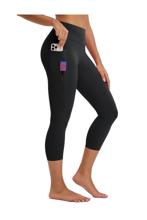 Women's Capri Leggings with 3 Pockets Tummy Control 21" Inseam Workout Capris Yoga Pants Black XXL