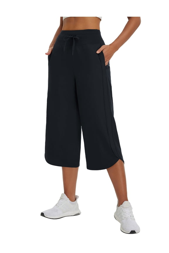 Women's Capri Pants Wide Leg Athletic Yoga Capris with Pockets Quick Dry Hiking Pants Loose Lounge Summer UPF 50+ Black XL