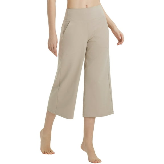 BALEAF Women's Capri Pants Wide Leg Yoga Dress Capris High Waist Cropped Pants with Pockets Loose Lounge Travel Summer Beige XL