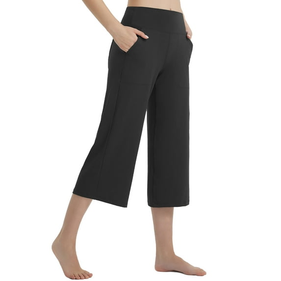 BALEAF Women's Capri Pants Wide Leg Yoga Dress Capris High Waist Cropped Pants with Pockets Loose Lounge Travel Summer Black L