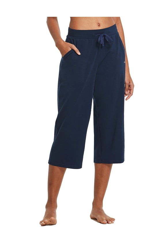 Women's Capris Yoga Cotton Wide Leg Casual Summer Capri Sweatpants Loose Lounge Workout Crop Pants Pockets Navy Blue Size M
