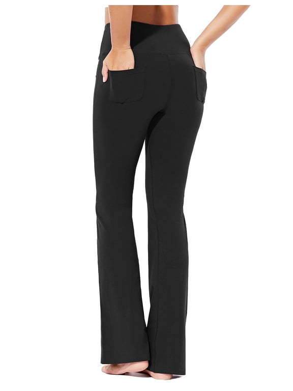Women's Cotton Bootcut Yoga Pants High Waisted Comfy Soft Bootleg Workout Flare Pants with Pockets Black M