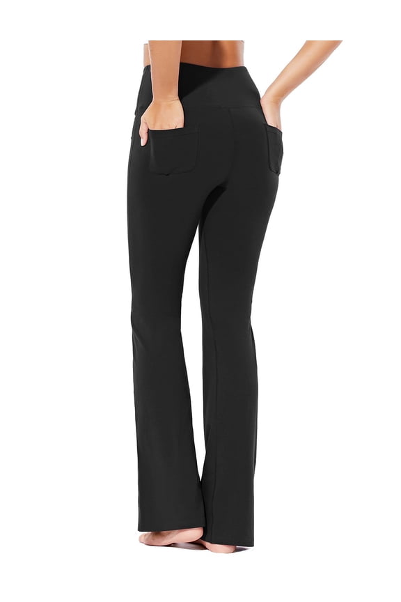Women's Cotton Bootcut Yoga Pants High Waisted Comfy Soft Bootleg Workout Flare Pants with Pockets Black S