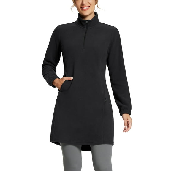 BALEAF Women's Fleece Dress Sweatshirt Tunic Long Quarter Zip Pullover Polar Winter Dress Cover Ups Pocket Black XL