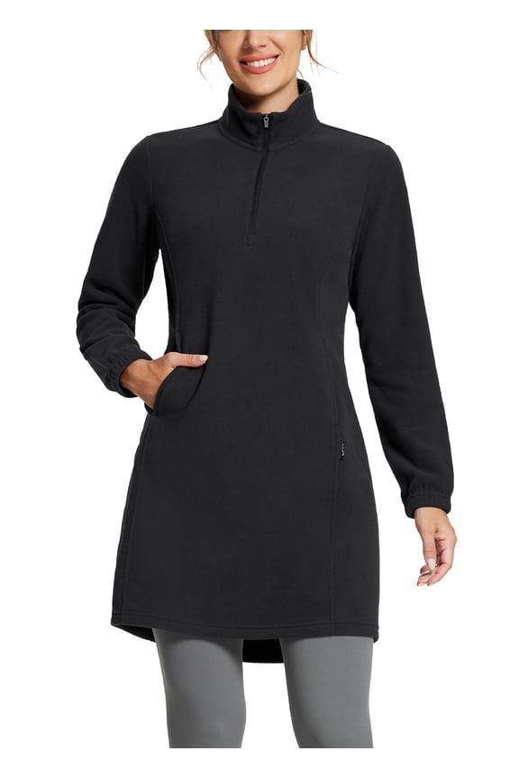 Women's Fleece Dress Sweatshirt Tunic Long Quarter Zip Pullover Polar Winter Dress Cover Ups Pocket Black XL
